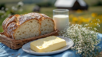 on a white porcelain plate was a rectangular piece of butter, next to it was a basket of bread and a glass of milk