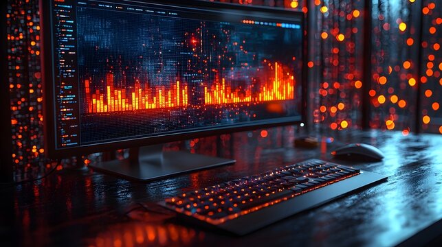 Futuristic technology driven workspace with data analytics dashboard