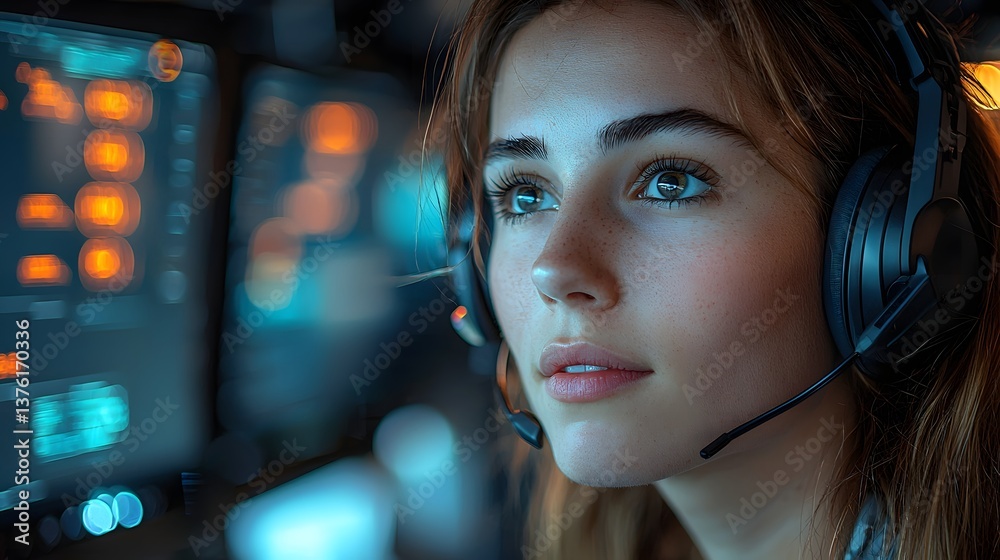 Poster Call center agent focusing on computer monitor with service efficiency data