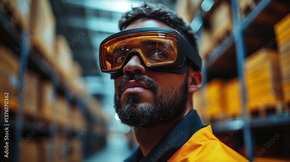 Poster A logistics worker with safety goggles closely monitors activities in a busy warehouse filled with stacked boxes and automated systems during a high demand period.