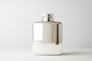 Sleek metallic pump bottle reflecting light, showcasing minimali