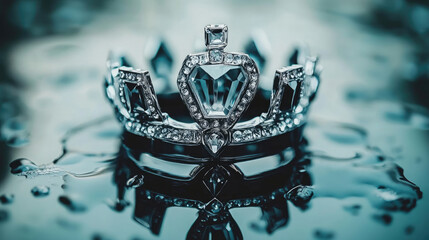 A jeweled crown rests in dark, still water, its reflection mirroring the regal design.  The image evokes themes of power, loss, and mystery.