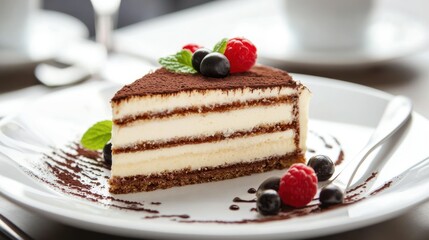 Elegant dessert plate with a cake slice. 