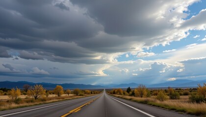 Naklejka premium A smooth highway stretching into the horizon with dramatic clouds above.