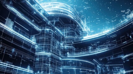 Obraz premium A futuristic concept of a modern multi-story building design, showcasing architectural details in a blueprint style. This image embodies innovation, urban planning, and technological advancement in c