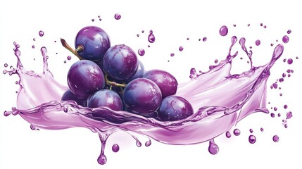 sweet purple grape in juice splash isolated on white illustration