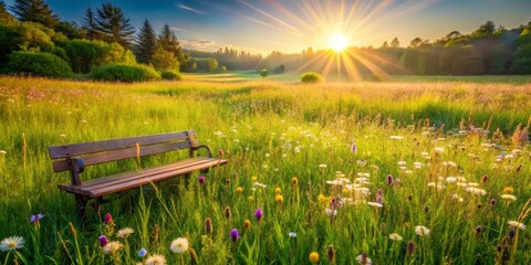 Obraz premium Tranquil sunrise illuminates a meadow bursting with wildflowers, a wooden bench offering a peaceful respite in the vibrant landscape.