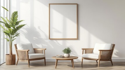 Minimalist Scandinavian living room with a mockup poster frame on a clean white wall, light wood accents, sleek modern furnishings, ultra-realistic 3D render. illustration