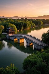 Fototapeta premium arafed bridge over a lake with a pavilion in the background