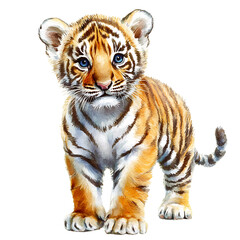 Obraz premium Watercolor hand drawn Tiger, Baby Tiger PNG, Tiger Clip Art, Tiger Decor, Tiger isolated on white background, Cute Baby Animal Clipart, Tiger Illustration, Jungle animals