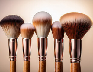 five makeup brushes with wooden handles arranged in a row