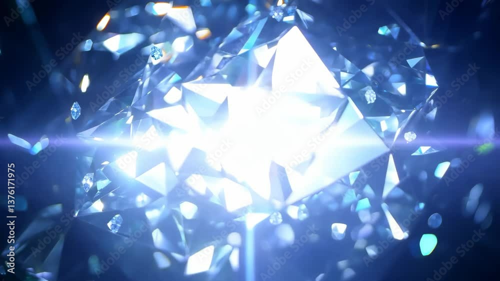 Poster a close up of a diamond with a bright light shining on it. the diamond is cut into many facets, maki