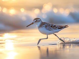 Obraz premium Sandpiper Running Along Beach at Sunset with Water Reflections