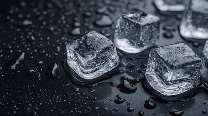 Array of clear ice cubes on black surface with water droplets, spacious layout illustration