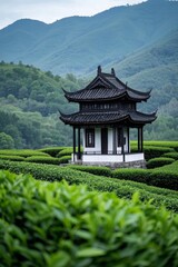 Obraz premium arafed pagoda in a tea garden with a mountain in the background