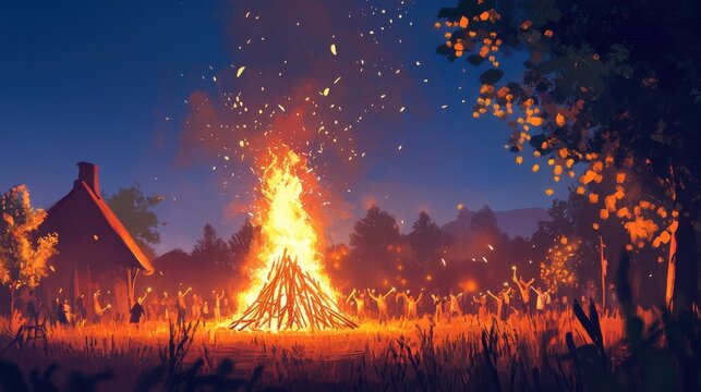 A village bonfire during a midsummer festival, with people dancing and celebrating nearby illustration