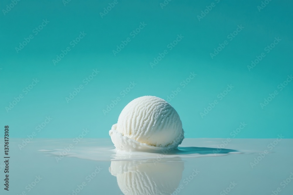 Poster melting scoop of vanilla ice cream on a glossy surface with a bright turquoise background