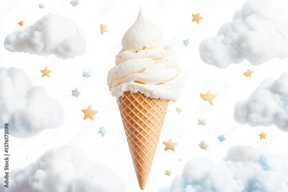 Poster delightful ice cream cone surrounded by fluffy clouds and stars in a whimsical sky