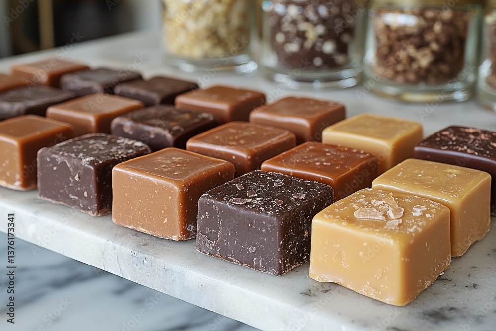 Poster assorted handmade chocolates arranged neatly on a marble countertop in a bright, cozy shop environme