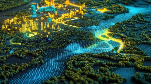 A vibrant, digital landscape features illuminated terrain and waterways, representing advanced technology and data visualization in a 3D format. illustration
