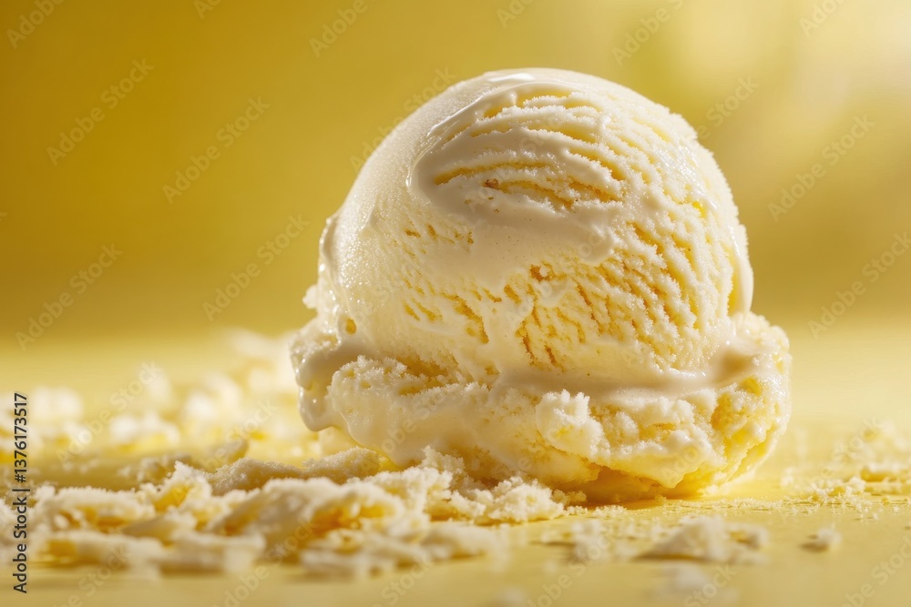 Aufkleber creamy vanilla ice cream scoop with shavings on a bright yellow background inviting summertime indul