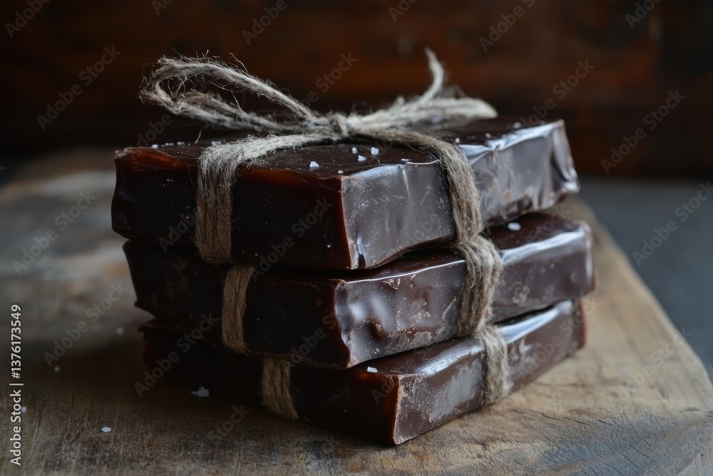 Poster handcrafted chocolate bars tied with twine resting on a wooden surface in warm light