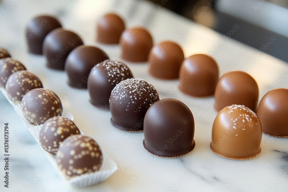 Poster assorted chocolate truffles arranged neatly on a marble surface ready for tasting or sale in a cozy 