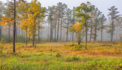 Misty autumn morning in a pine forest, golden leaves, tranquil landscape.