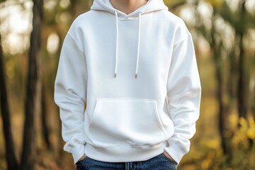 Fototapeta premium White hoodie worn by a person standing in a forest during autumn with blurred foliage in the background