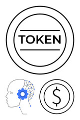 Circular token design with TOKEN text, dollar symbol, and human head outline integrated with AI network and gear. Ideal for cryptocurrency, blockchain, AI, technology, finance, innovation digital