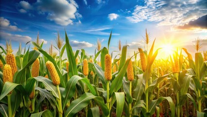 Golden corn cobs scattered across a sea of emerald green in a lush corn plantation field with tall stalks stretching towards the sky , nature, fields
