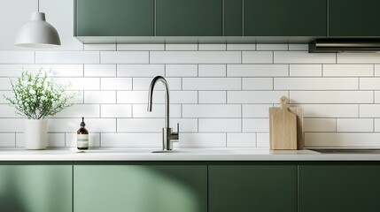 Contemporary Modern Kitchen Interior Design with Green Cabinets and White Countertop