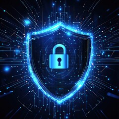 Cybersecurity shield with glowing digital circuits
