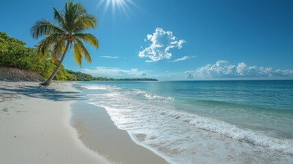 An empty spacious beach. A lone palm tree slightly blocks the sun