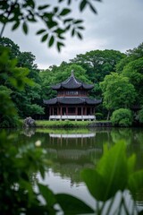 arafed building in a park with a pond and trees