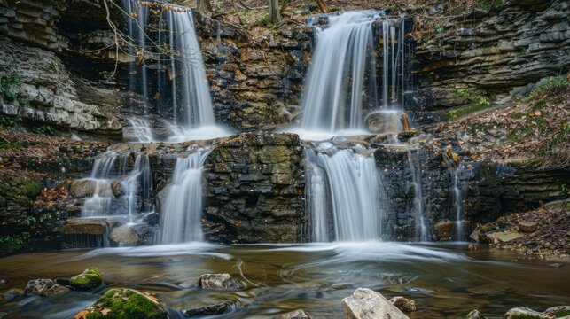 Twin waterfalls cascading down a rocky cliff in a serene landscape.