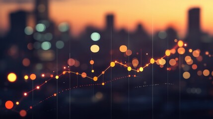 Urban skyline at night with blurred lights and graph line overlay, cityscape representing data analysis illustration