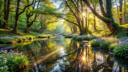 Fototapeta premium Serene Dawn Sunbeams Illuminate a Tranquil River Winding Through a Lush Forest Canopy, Adorned with Delicate Purple Blossoms Reflecting in Still Waters