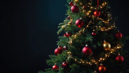 Decorated Christmas tree with red ornaments and golden lights for festive holiday season celebration