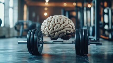 Unique fusion of fitness and intellect featuring a brain on a dumbbell in a gym setting at daytime