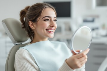 Woman with a bright smile holding a mirror in a dental clinic, wearing a bib, sitting in a chair. Modern interior background. Concept of dental care. Ai generative