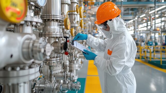 A factory worker in a protective uniform inspecting and maintaining the pipes valves and instrumentation of industrial and equipment in a manufacturing facility