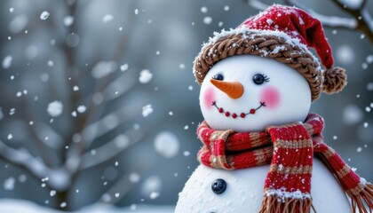 A charming snowman adorned with a scarf and hat against a backdrop of falling snow.