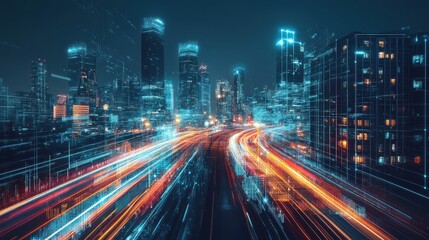 Fototapeta premium Cityscape with Digital Data Overlay and Light Trails illustration