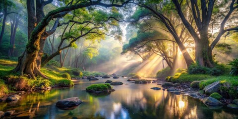 Fototapeta premium Serene Stream and Ancient Trees Basking in Golden Sunlight A Picturesque Scene of Tranquil Nature