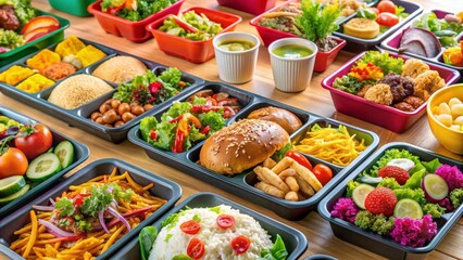 Fototapeta premium A Diverse Array of Prepared Meals in Individual Containers, Featuring a Variety of Fresh Vegetables, Grains, and Proteins, Ready for Convenient Consumption