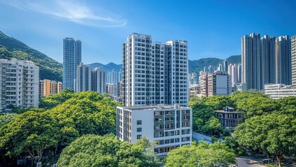 Fototapeta premium In the high-rise buildings of Hong Kong, there is an apartment complex with trees in front