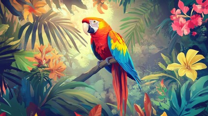 Fototapeta premium Vibrant parrot in a colorful jungle with lush foliage and bright flowers, highlighting the beauty of nature and exotic wildlife. illustration