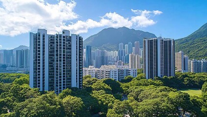 Fototapeta premium In the high-rise buildings of Hong Kong, there is an apartment complex with trees in front