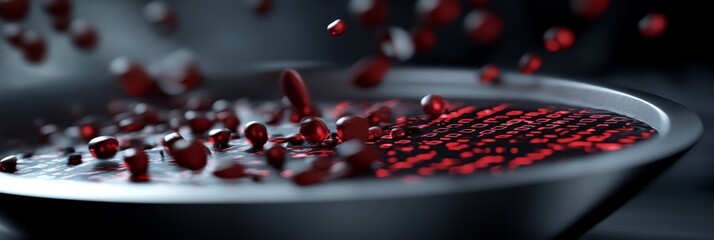 Red liquid splashing in a black bowl creating a mesmerizing pattern, showcasing the beauty of fluid motion and color, artistic expression concept